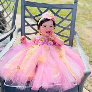 Pink and Gold Tulle Flower Girl Dress for Kids